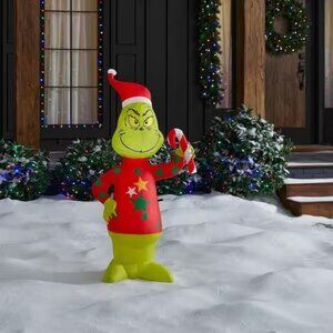 Gemmy 4ft Christmas Airblown Inflatable Dr. Seuss Grinch with Candy Cane Decor